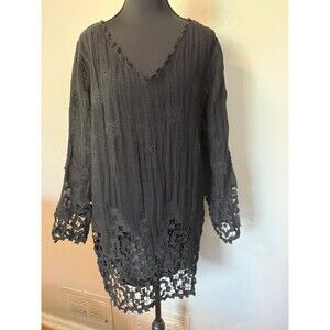 Soft Surroundings Top Medium Austen Crochet Linen Woven Tunic Long Sleeve Black